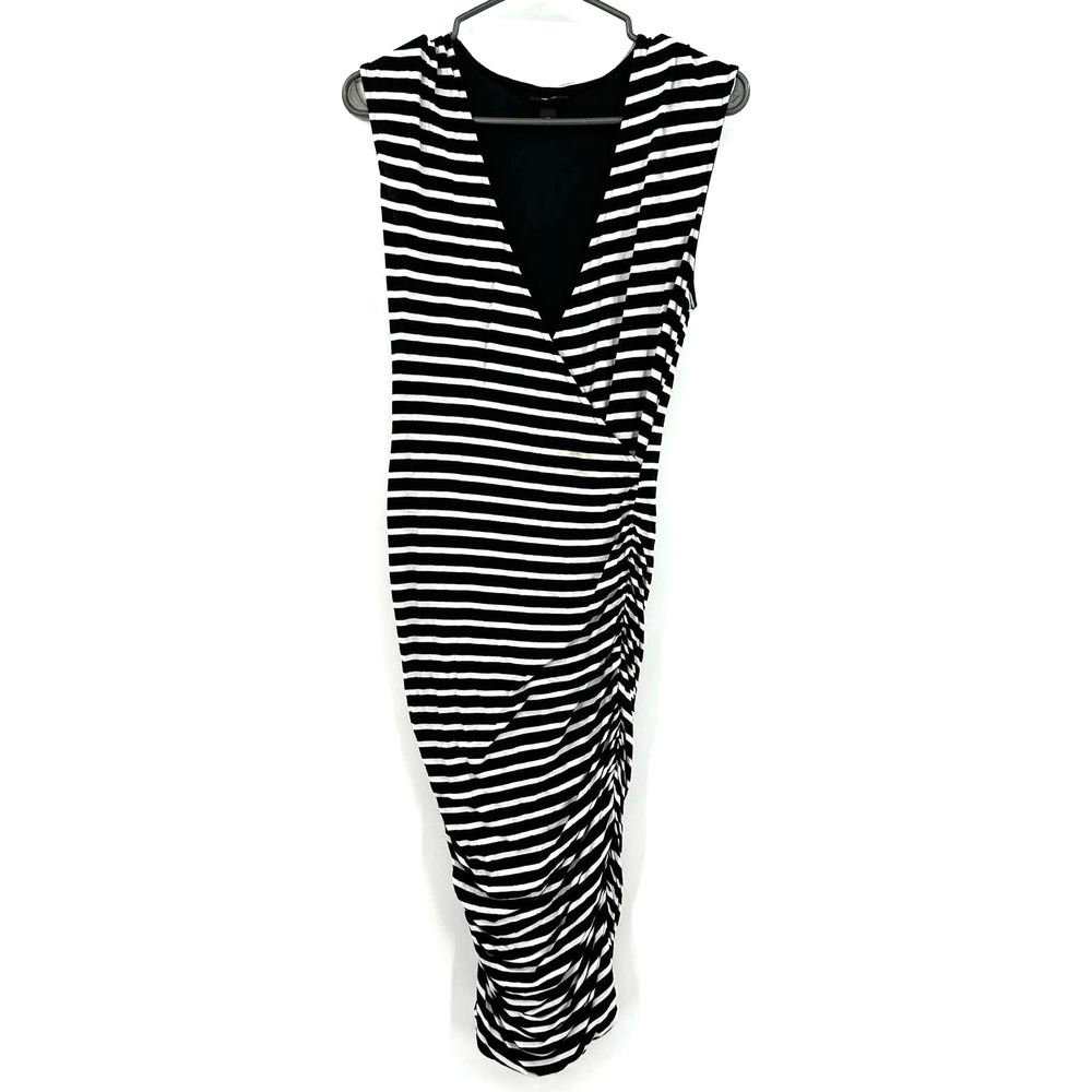 Mossimo size small black white striped fitted v neck dress midi ruched